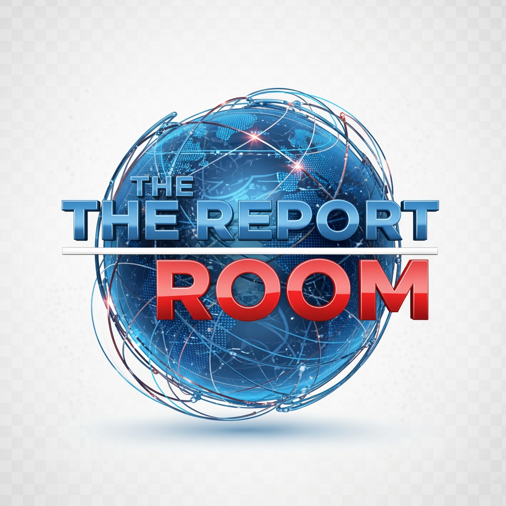 AI Design for Create a premium 4K ultra-HD for The Report Room channel name logo Modern television news branding style, bold and trustworthy appearance, sleek metallic blue, red, and white color palette, dynamic globe element, digital broadcast graphics, clean typography, professional newsroom identity, high contrast, sharp vector design, glossy finish, futuristic yet credible look, suitable for TV, YouTube, social media, and mobile apps. Transparent background, symmetrical composition, broadcast-quality branding, corporate media aesthetics, ultra-detailed, crisp edges, 4K resolution, vector logo, award-winning graphic design.