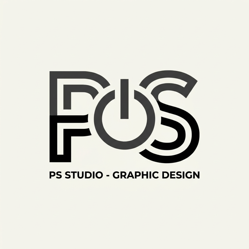 AI Design for A minimalist and sophisticated logo design for a graphic design studio, featuring an elegant fusion of the letters 'PS' and a subtle computer power symbol. The design uses clean, bold geometric lines and negative space to merge the letters into the icon, presented in a monochromatic color scheme on a flat background for a modern, high-end professional aesthetic.