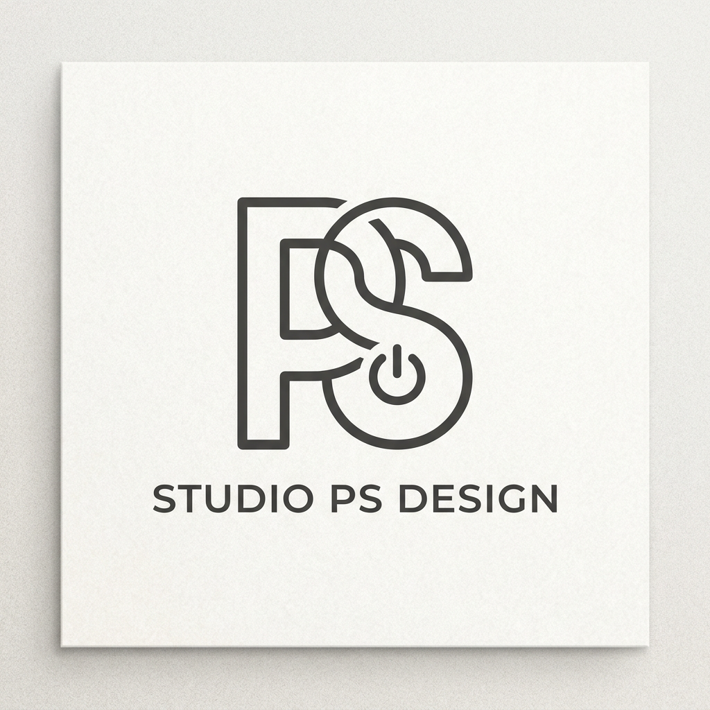 AI Design for A minimalist and sophisticated logo design for a graphic design studio, featuring an elegant fusion of the letters 'PS' and a subtle computer power symbol. The design uses clean, bold geometric lines and negative space to merge the letters into the icon, presented in a monochromatic color scheme on a flat background for a modern, high-end professional aesthetic.