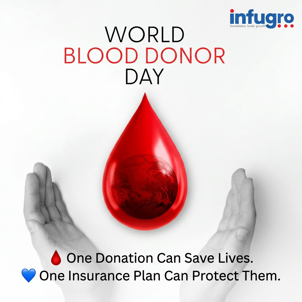 AI Design for Write this at bottom:🩸 One Donation Can Save Lives.
💙 One Insurance Plan Can Protect Them. And mention infugro symbol at top right corner