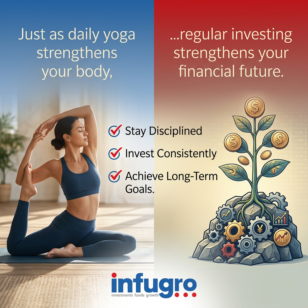 AI Design for now add Just as daily yoga strengthens your body, regular investing strengthens your financial future.
✔ Stay Disciplined
✔ Invest Consistently
✔ Achieve Long-Term Goals. And infugro logo