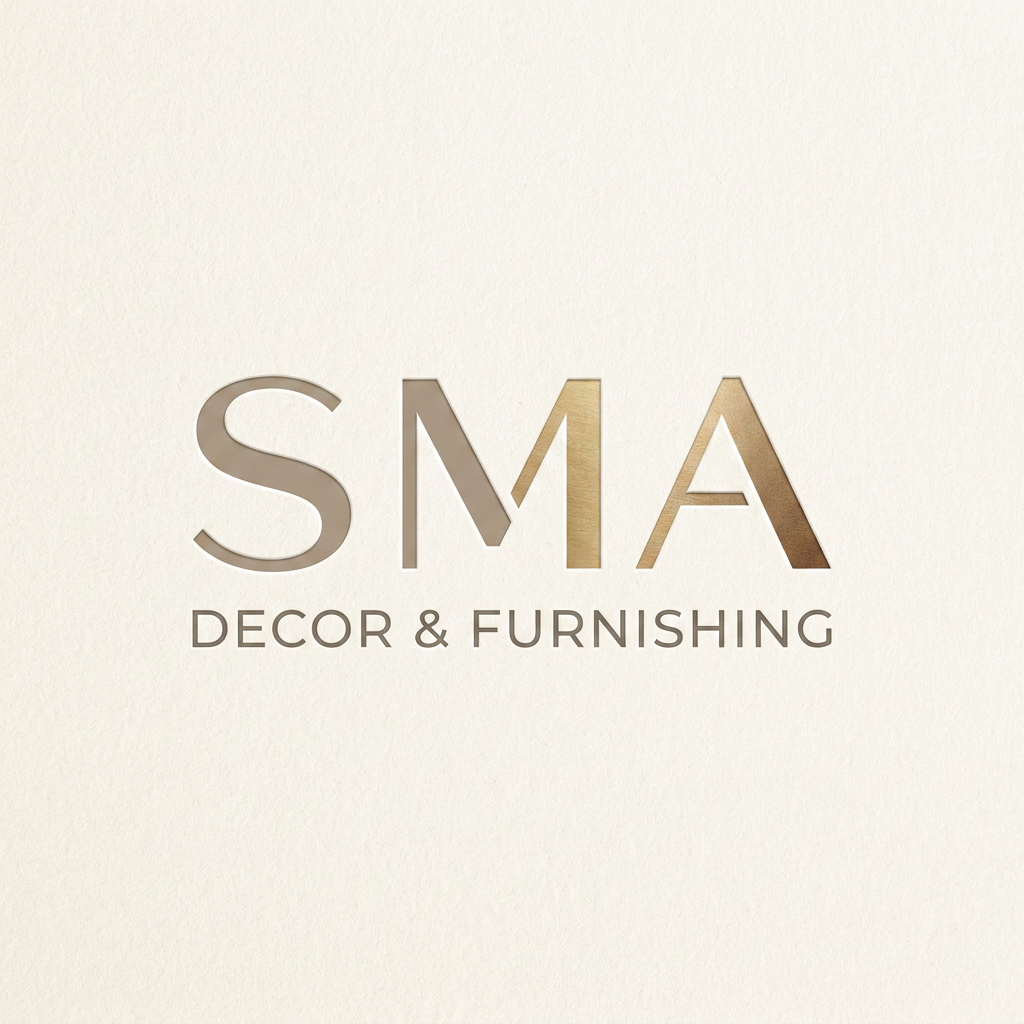 AI Design for A sophisticated and modern minimalist logo design for S M A Decor & Furnishing, featuring clean geometric typography and elegant negative space, inspired by the style of {{asset:123}}. The design should utilize a refined color palette of muted earth tones and metallic accents, presented on a clean, premium textured background to emphasize luxury and interior design expertise.