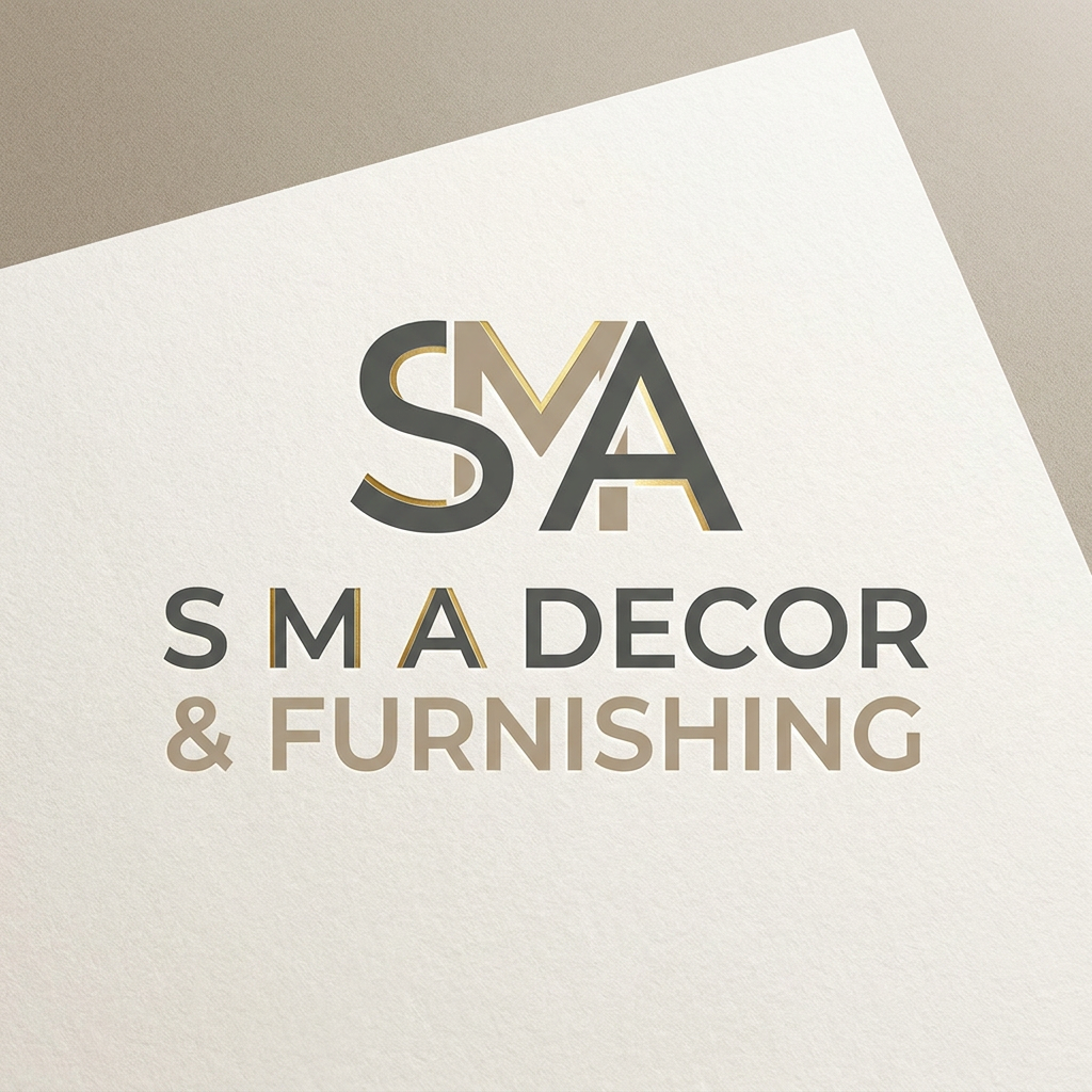 AI Design for A sophisticated and modern minimalist logo design for S M A Decor & Furnishing, featuring clean geometric typography and elegant negative space, inspired by the style of {{asset:123}}. The design should utilize a refined color palette of muted earth tones and metallic accents, presented on a clean, premium textured background to emphasize luxury and interior design expertise.