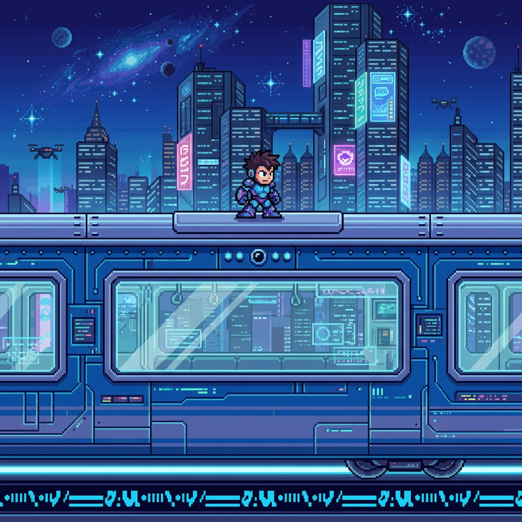 AI Design for make it futuristic , Mega man facing LEFT , without helmet