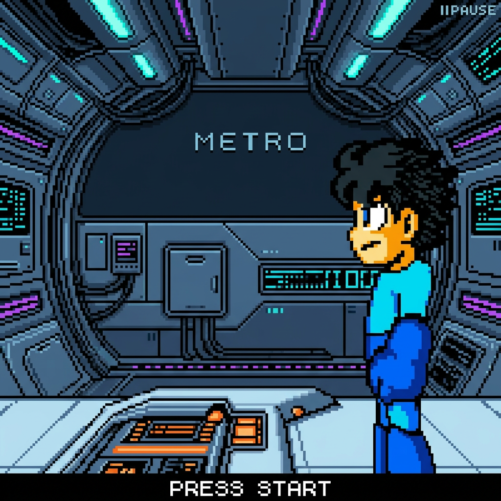 AI Design for make it futuristic on train in metro , no windows , black hair and without MEGAMAN IV