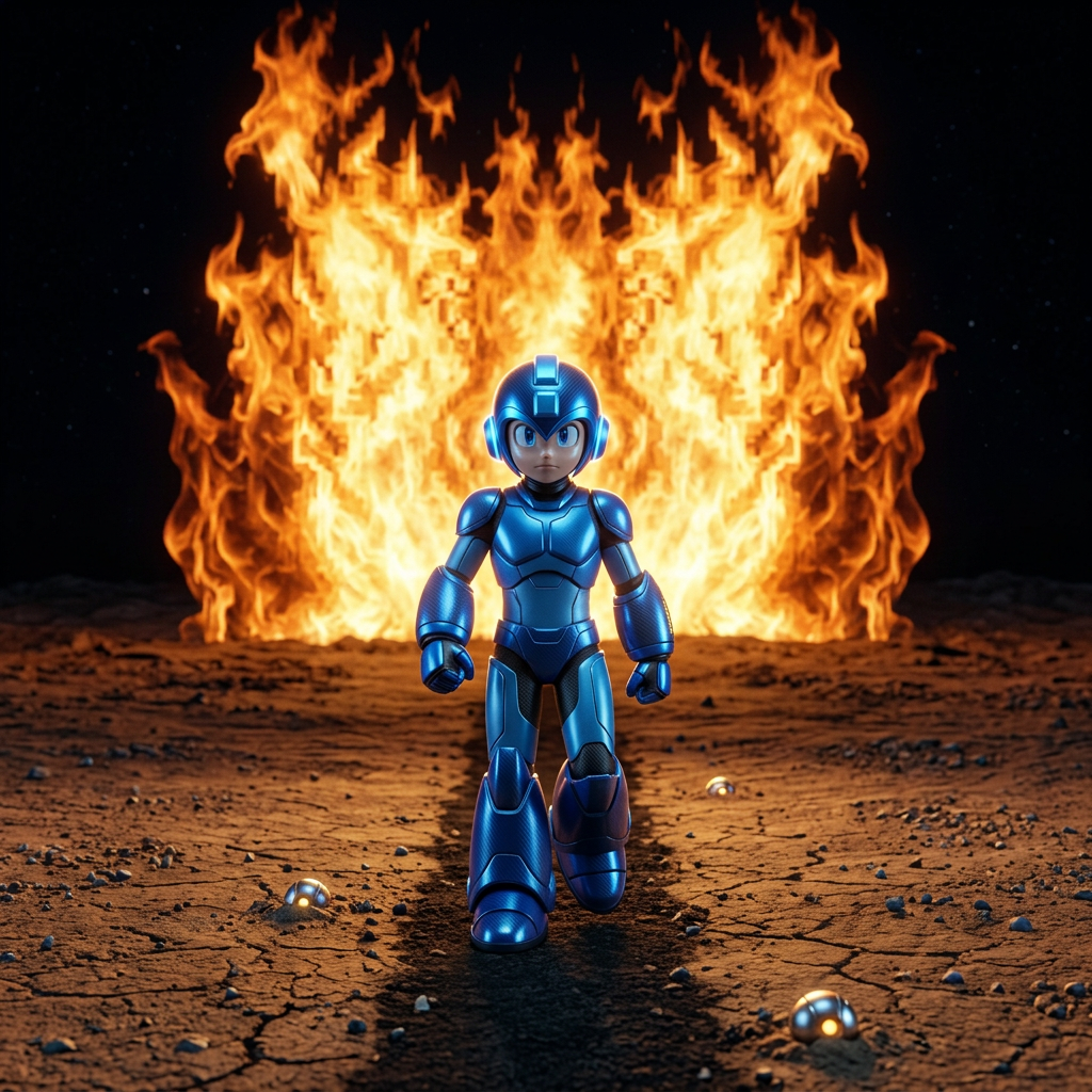 AI Design for make it futuristic.only megaman dirt road and flames in background
