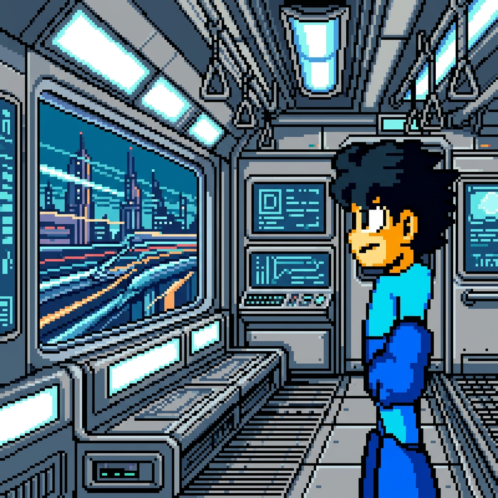AI Design for make it futuristic on train in metro , accurate like on image , black hair and without MEGAMAN IV