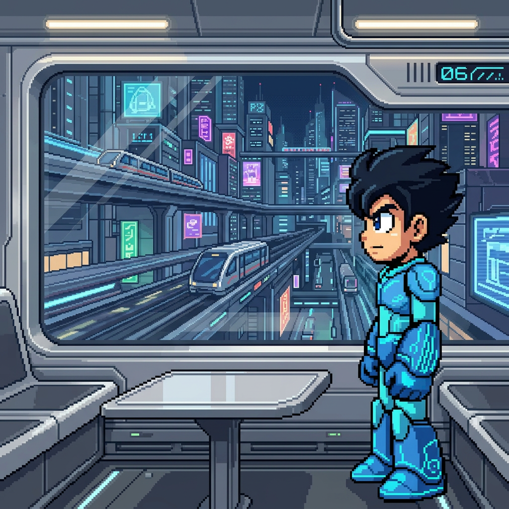 AI Design for make it futuristic on train in metro , black hair and without MEGAMAN IV