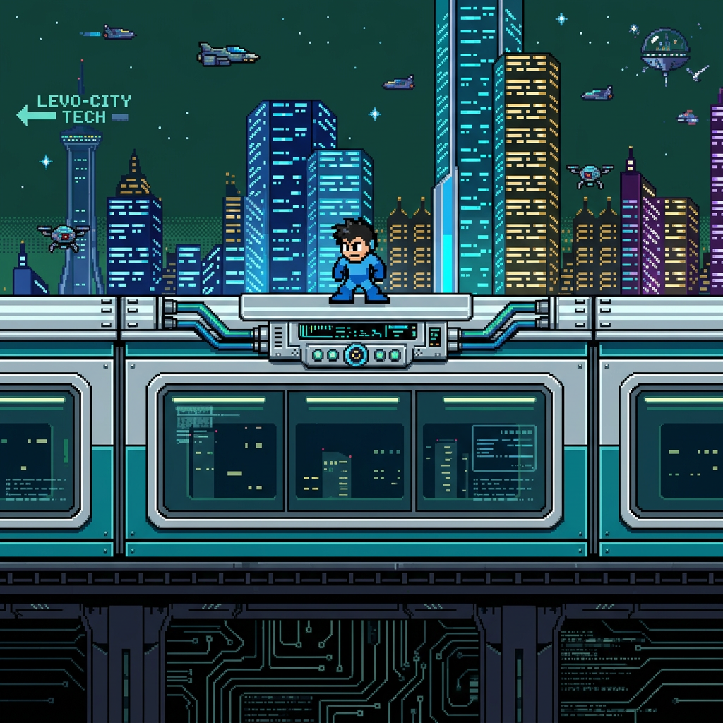 AI Design for make it futuristic , Mega man facing LEVO , without helmet