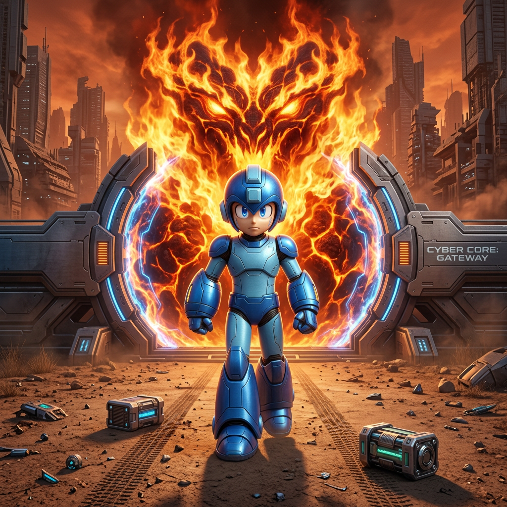 AI Design for make it futuristic.only megaman dirt road and flames in background