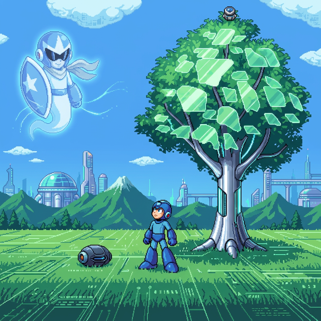 AI Design for make it futuristic , stick to the source , megaman look in to sky and see protoman ghost