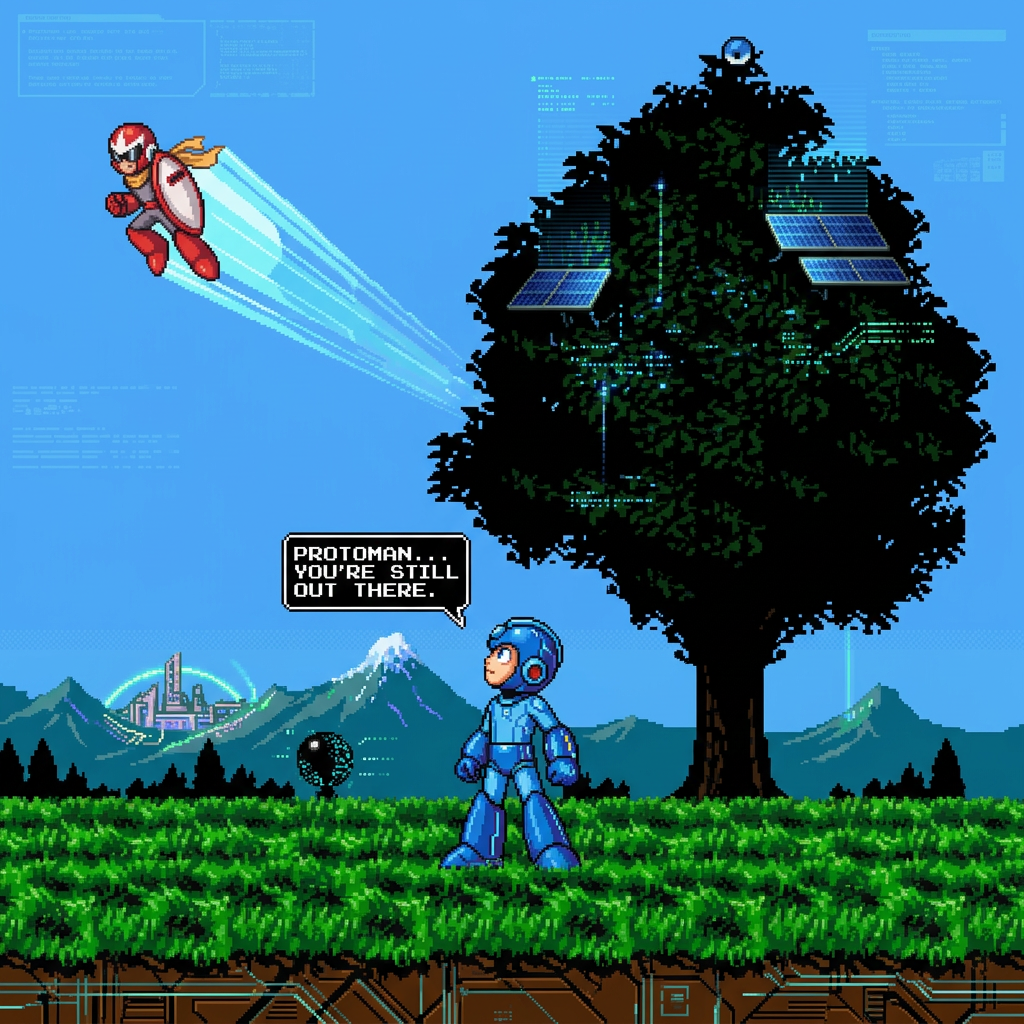 AI Design for make it futuristic , stick to the source , megaman look in to sky and see protoman