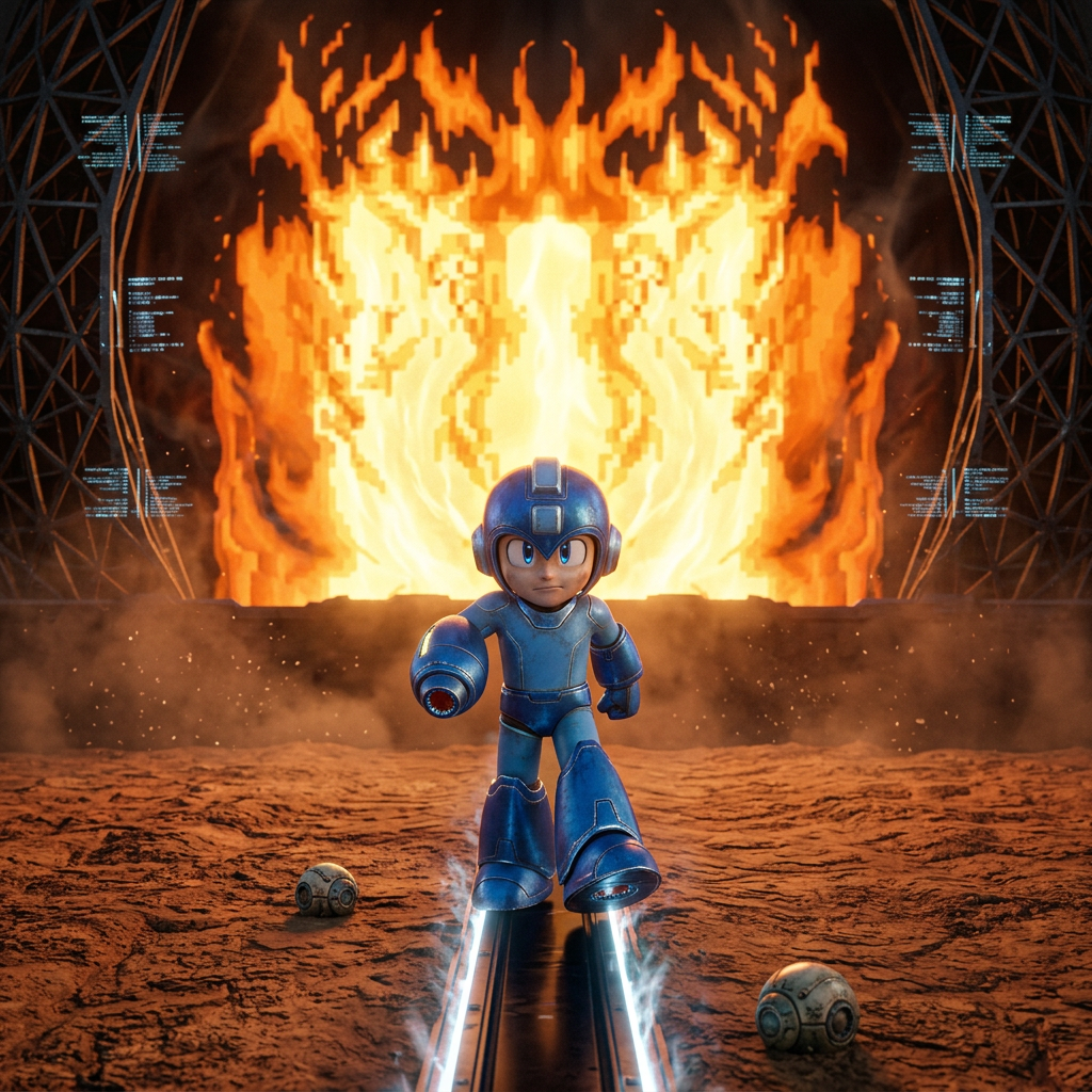 AI Design for make it futuristic.only megaman dirt road and flames in background