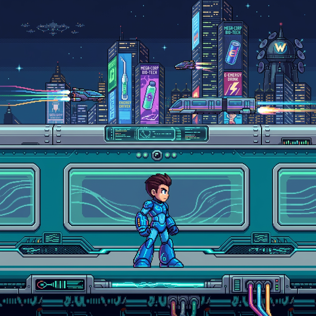 AI Design for make it futuristic , Megaman facing LEFT , without helmet , brown hair