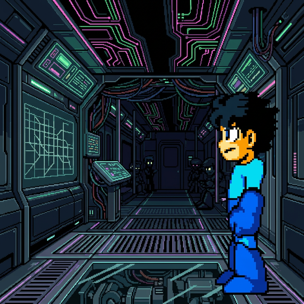 AI Design for make it futuristic on train in metro , no windows , black hair and without MEGAMAN IV