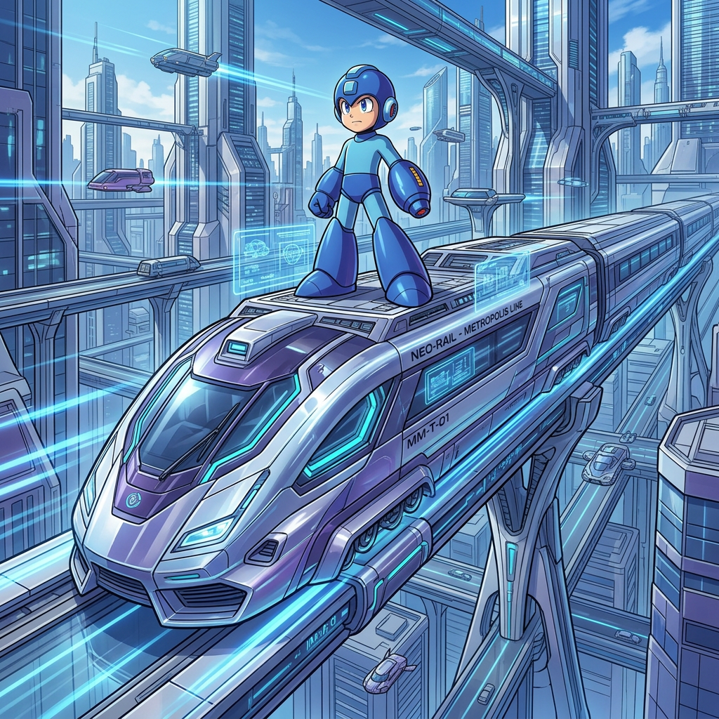 AI Design for make it futuristic with only Megaman ride ON FUTURISTIC Train