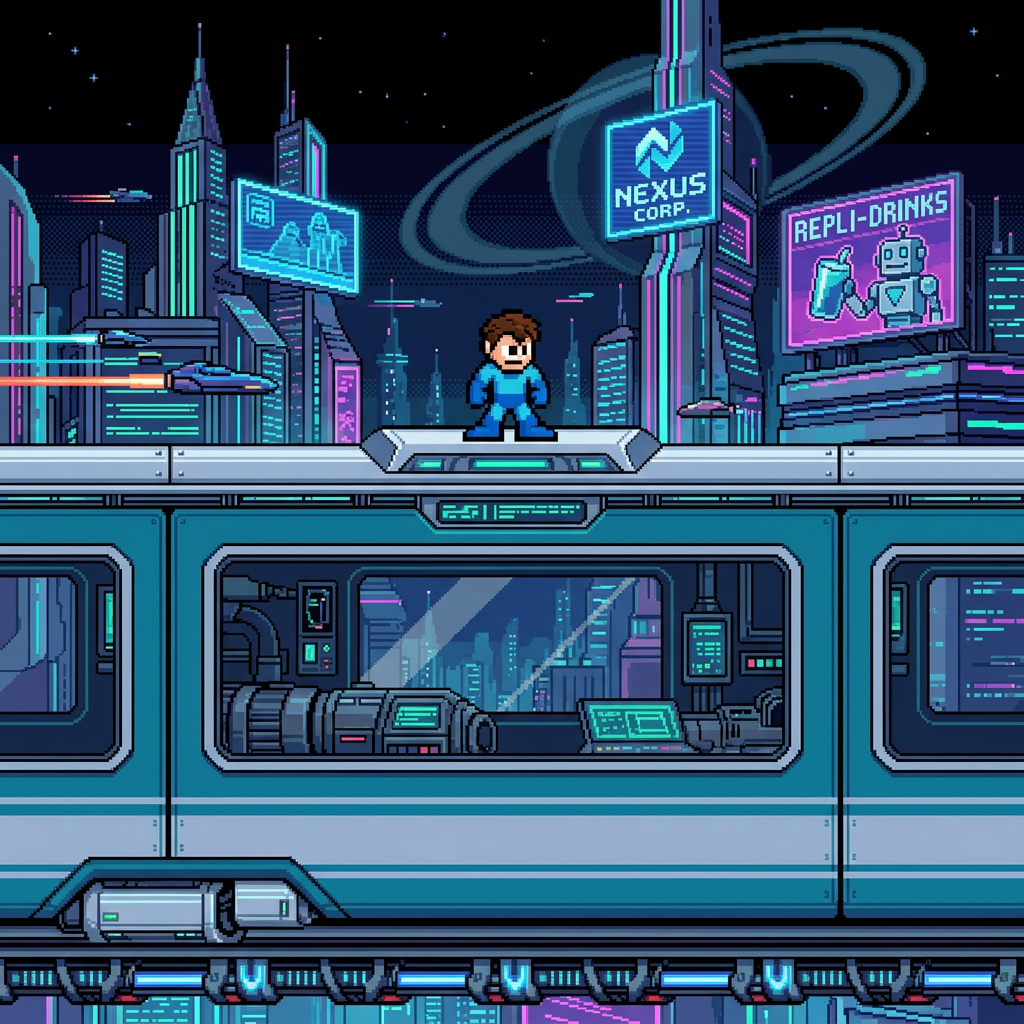 AI Design for make it futuristic , Megaman looking LEFT , without helmet , brown hair