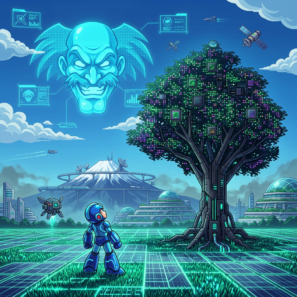AI Design for make it futuristic , stick to the source , megaman look in to sky
