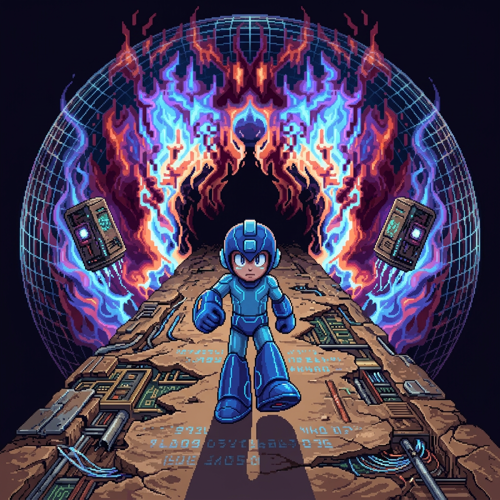 AI Design for make it futuristic.only megaman dirt road and flames in background