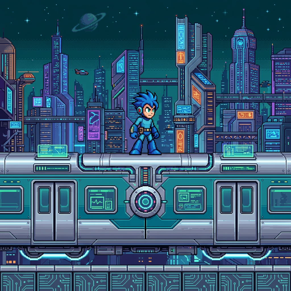 AI Design for make it futuristic , Mega man facing LEVO , without helmet