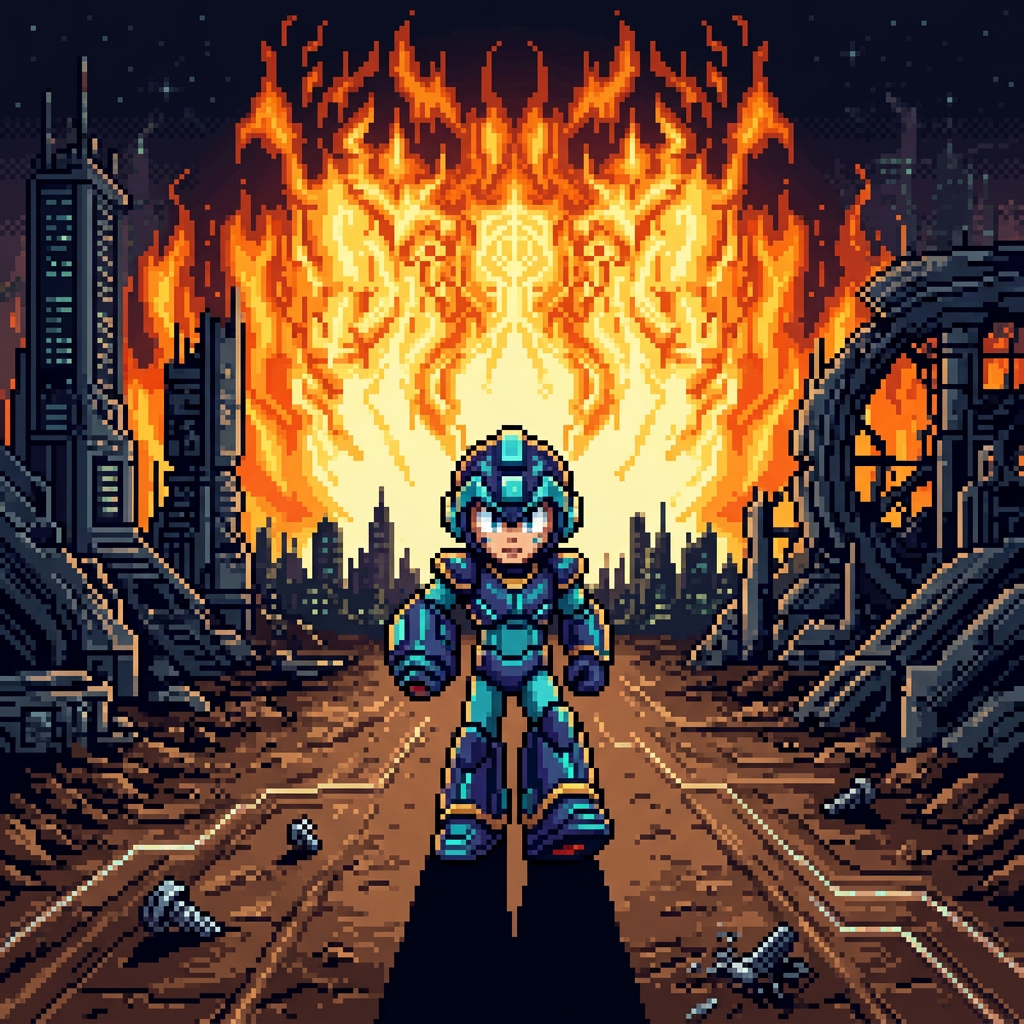 AI Design for make it futuristic.only megaman dirt road and flames in background