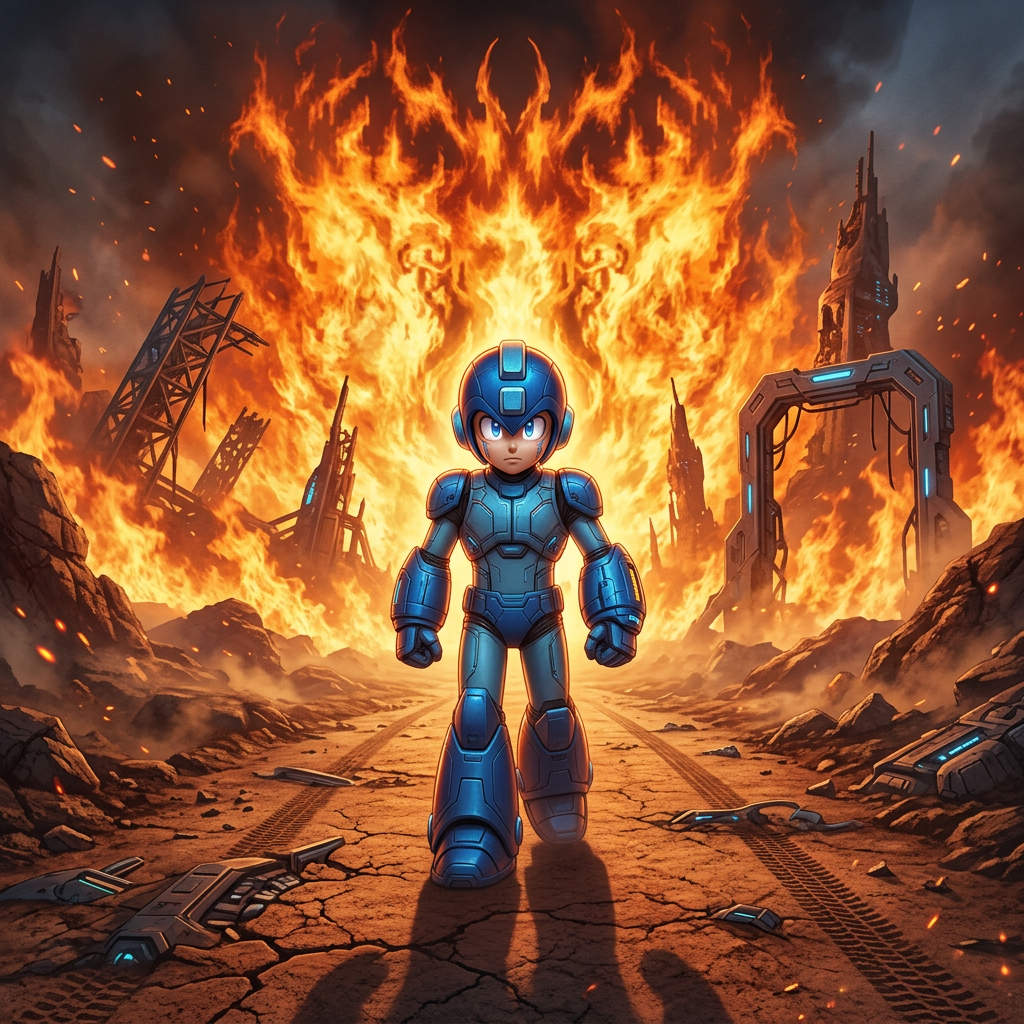 AI Design for make it futuristic.only megaman dirt road and flames in background