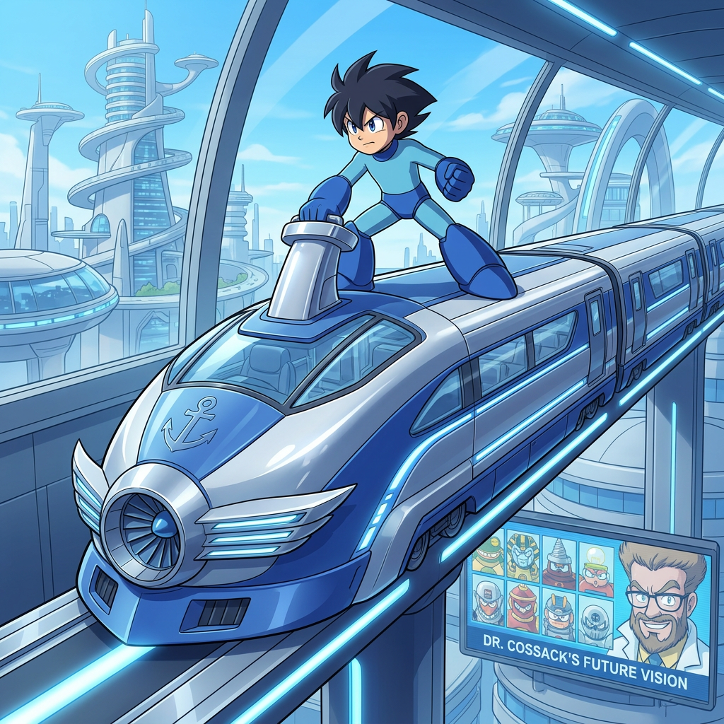 AI Design for make it futuristic with only Megaman ride ON FUTURISTIC Train without helmet