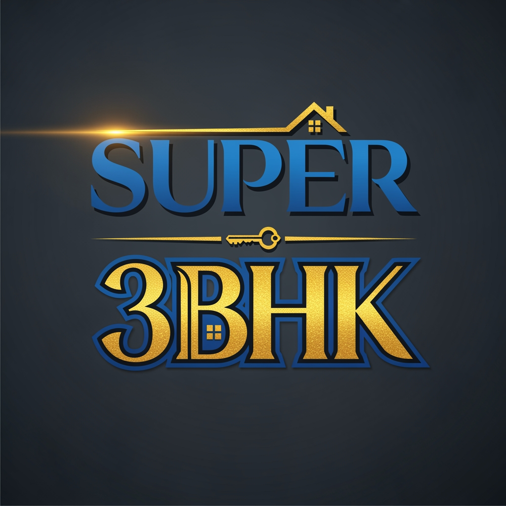 AI Design for create a text based unique and stylish logo called Super 3BHK in blue and golden colors.