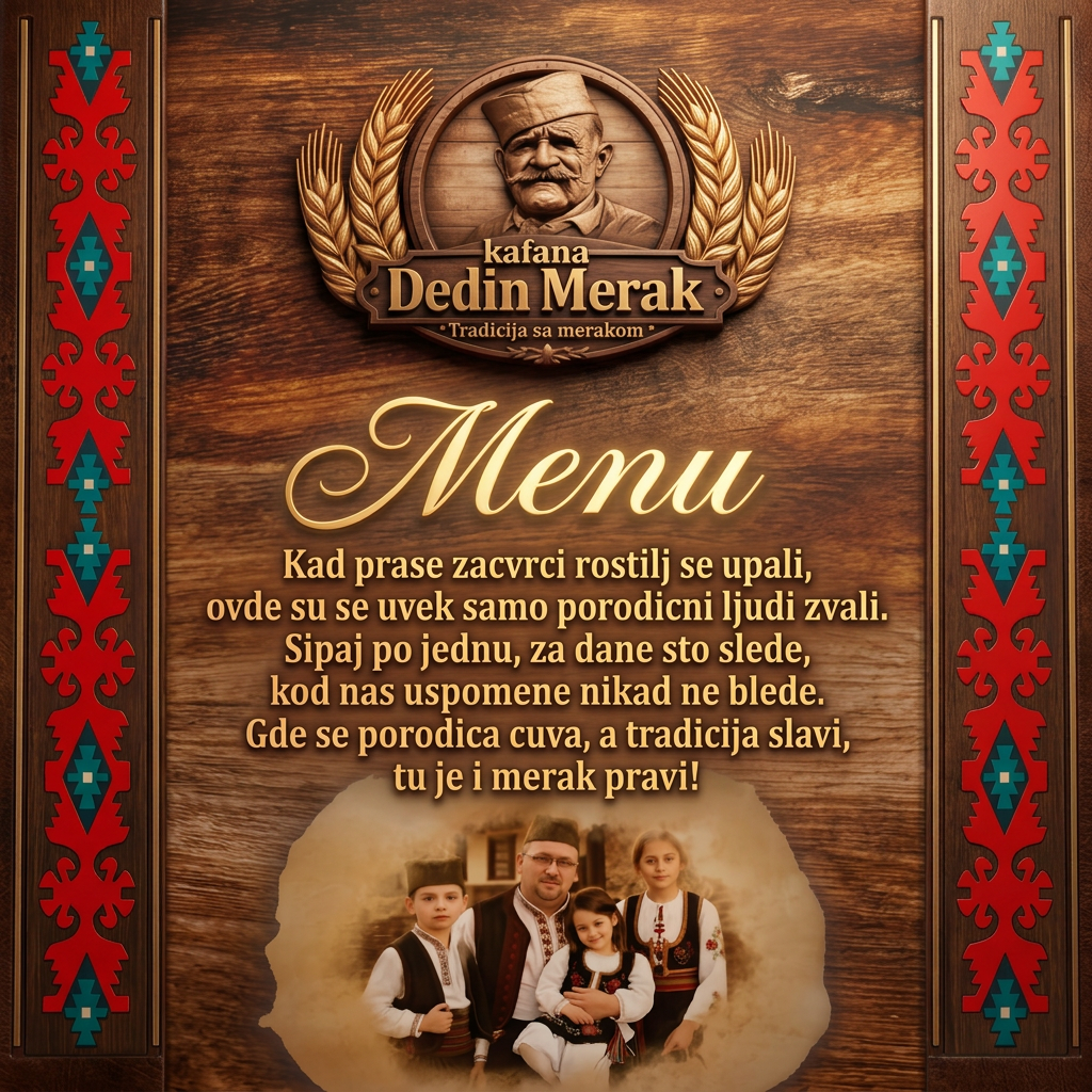 AI Design for A professional vertical A4 format restaurant menu cover design for a traditional Serbian tavern named "Dedin Merak". Tall and elegant layout. In the center top, a beautifully carved wooden circular logo featuring an old Serbian grandfather with a traditional šajkača hat, flanked by golden wheat ears. The main background is a rich, warm, rustic dark wood texture. On the left and right sides, there are full-length vertical borders with clean, vibrant, geometric Serbian ethno folklore patterns. In the upper middle, the word "Menu" is written in elegant, glowing golden vintage calligraphy. Below the title, the typography for the poetic text is crisp, clean, and perfectly centered with readable, elegant lettering. At the bottom, a heartwarming family portrait in a soft vignette blend, showing a father and children wearing traditional Serbian folk costumes. Hyperrealistic, cinematic lighting, 8k resolution, award-winning graphic design, masterpiece.