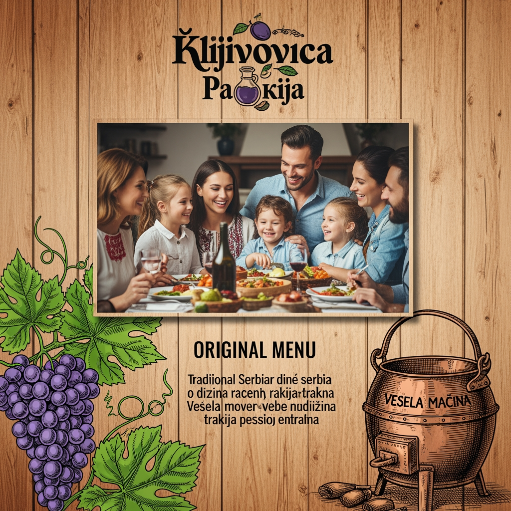 AI Design for Prompt za aplikaciju:"Keep the original wooden menu design, family photo, and logo from the previous image. In the bottom-left corner, add a vintage engraved illustration of grape bunches and green vine leaves. In the bottom-right corner, add a rustic traditional Serbian copper rakija cauldron (vesela mašina). The elements should blend naturally into the wood background using a vintage ink-sketch style, keeping the text fully readable."