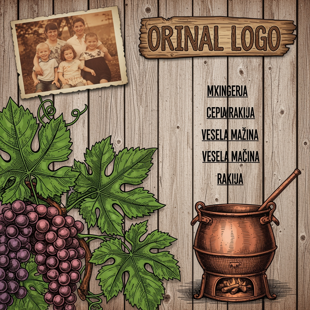 AI Design for Prompt za aplikaciju:"Keep the original wooden menu design, family photo, and logo from the previous image. In the bottom-left corner, add a vintage engraved illustration of grape bunches and green vine leaves. In the bottom-right corner, add a rustic traditional Serbian copper rakija cauldron (vesela mašina). The elements should blend naturally into the wood background using a vintage ink-sketch style, keeping the text fully readable."rustik