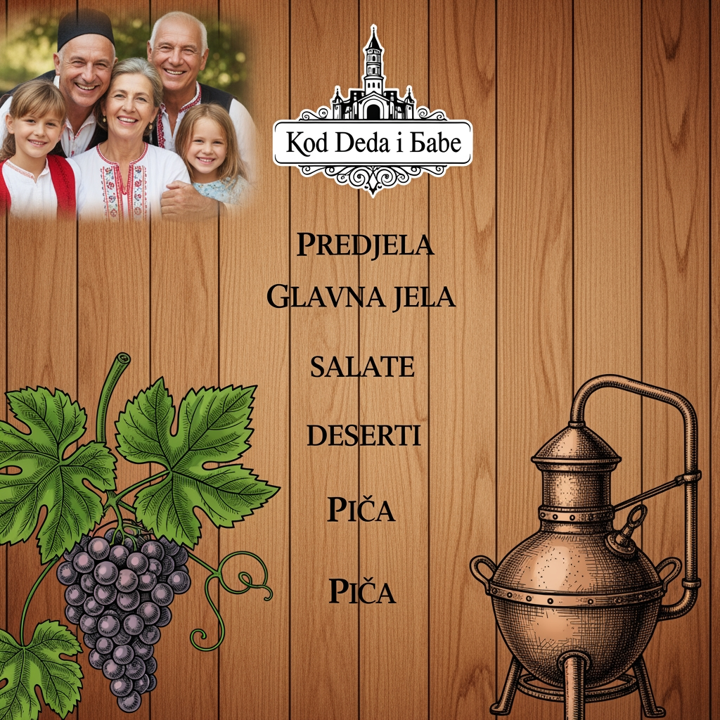 AI Design for Prompt za aplikaciju:"Keep the original wooden menu design, family photo, and logo from the previous image. In the bottom-left corner, add a vintage engraved illustration of grape bunches and green vine leaves. In the bottom-right corner, add a rustic traditional Serbian copper rakija cauldron (vesela mašina). The elements should blend naturally into the wood background using a vintage ink-sketch style, keeping the text fully readable."