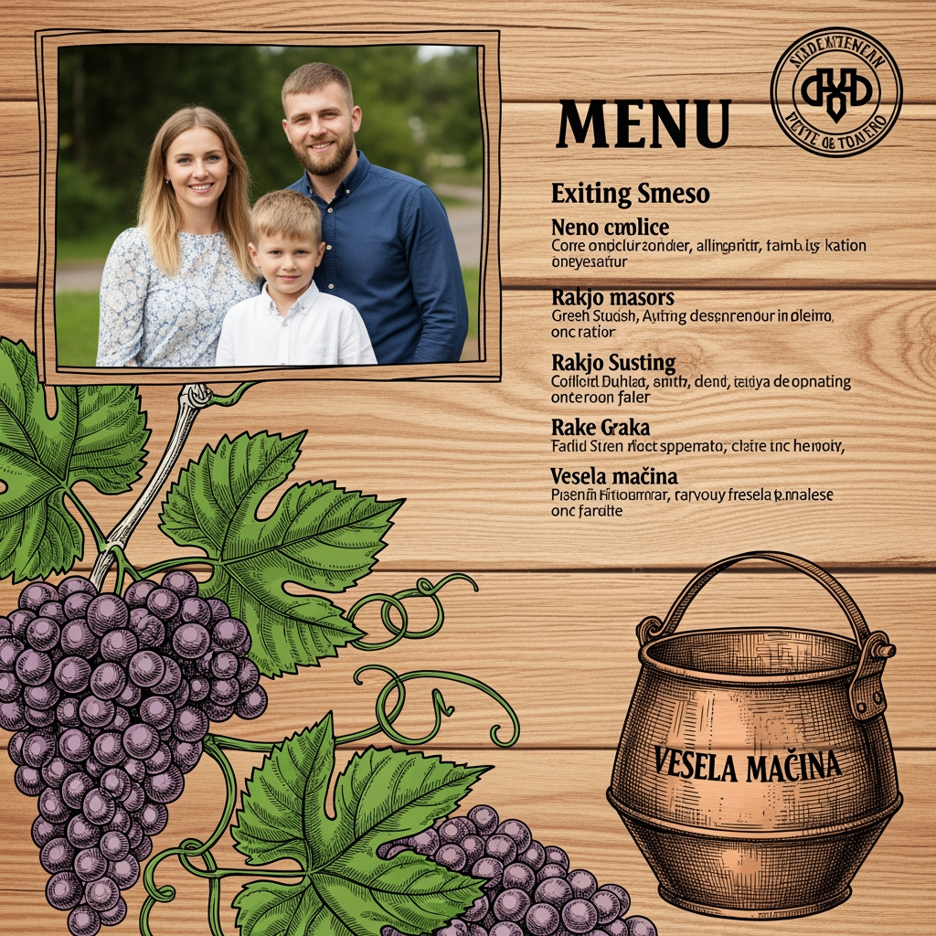 AI Design for Prompt za aplikaciju:"Keep the original wooden menu design, family photo, and logo from the previous image. In the bottom-left corner, add a vintage engraved illustration of grape bunches and green vine leaves. In the bottom-right corner, add a rustic traditional Serbian copper rakija cauldron (vesela mašina). The elements should blend naturally into the wood background using a vintage ink-sketch style, keeping the text fully readable."rustik