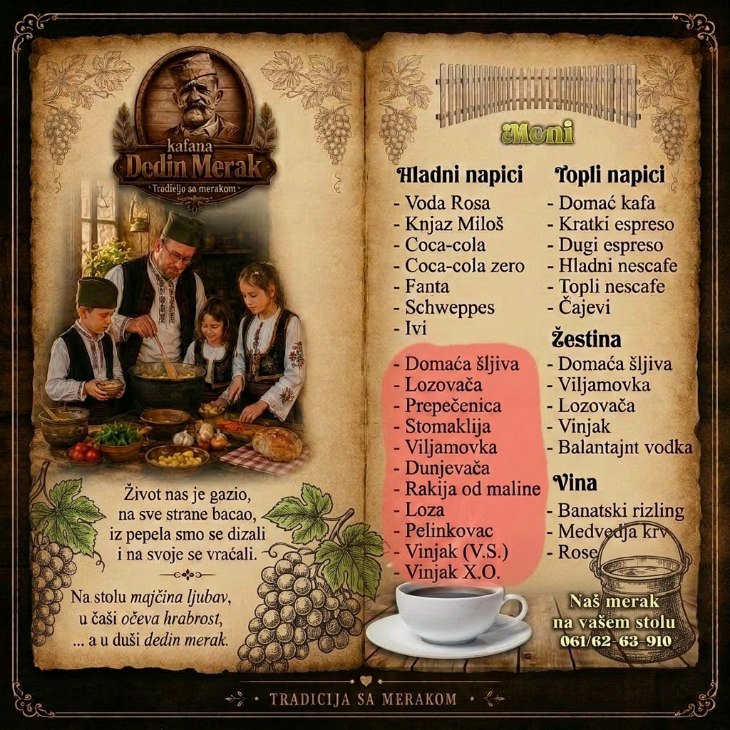 AI Design for Prompt za aplikaciju:"Keep the original wooden menu design, family photo, and logo from the previous image. In the bottom-left corner, add a vintage engraved illustration of grape bunches and green vine leaves. In the bottom-right corner, add a rustic traditional Serbian copper rakija cauldron (vesela mašina). The elements should blend naturally into the wood background using a vintage ink-sketch style, keeping the text fully readable."