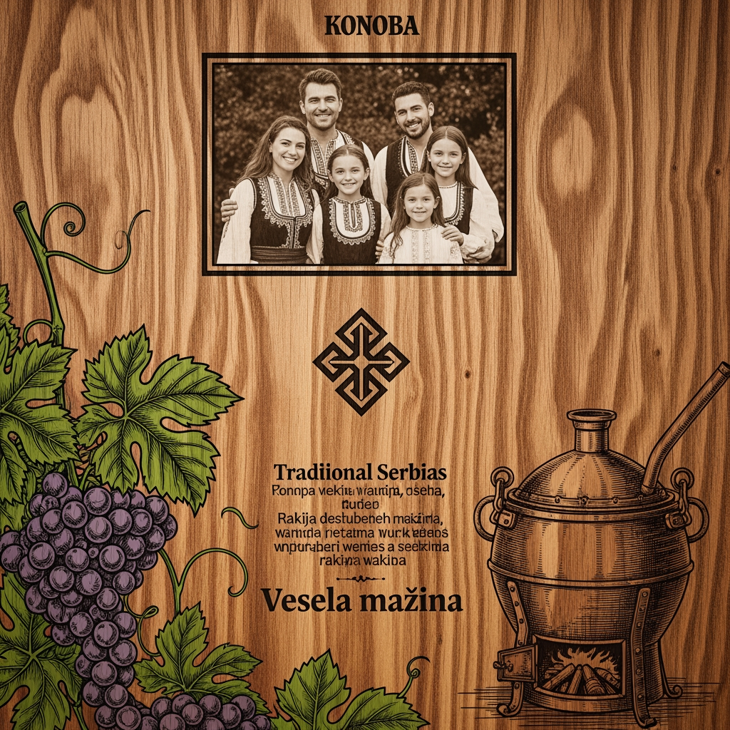 AI Design for Prompt za aplikaciju:"Keep the original wooden menu design, family photo, and logo from the previous image. In the bottom-left corner, add a vintage engraved illustration of grape bunches and green vine leaves. In the bottom-right corner, add a rustic traditional Serbian copper rakija cauldron (vesela mašina). The elements should blend naturally into the wood background using a vintage ink-sketch style, keeping the text fully readable."rustik