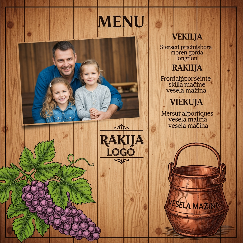 AI Design for Prompt za aplikaciju:"Keep the original wooden menu design, family photo, and logo from the previous image. In the bottom-left corner, add a vintage engraved illustration of grape bunches and green vine leaves. In the bottom-right corner, add a rustic traditional Serbian copper rakija cauldron (vesela mašina). The elements should blend naturally into the wood background using a vintage ink-sketch style, keeping the text fully readable."