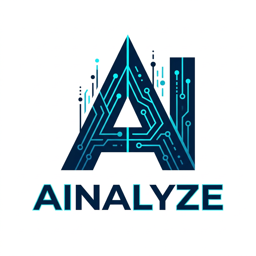 AI Design for A sophisticated and modern minimalist logo design for AINALYZE, featuring clean geometric lines and a sleek, tech-forward aesthetic. The icon integrates subtle data-pattern motifs with a professional color palette of deep navy and electric cyan, set against a crisp white background with high-contrast, sharp vector edges.
