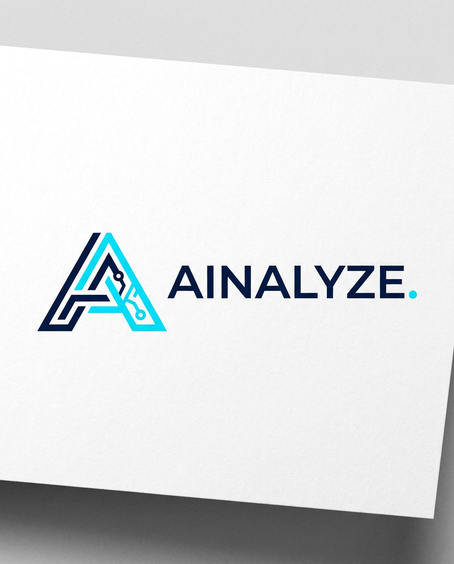 AI Design for A sophisticated and modern minimalist logo design for AINALYZE, featuring clean geometric lines and a sleek, tech-forward aesthetic. The icon integrates subtle data-pattern motifs with a professional color palette of deep navy and electric cyan, set against a crisp white background with high-contrast, sharp vector edges.