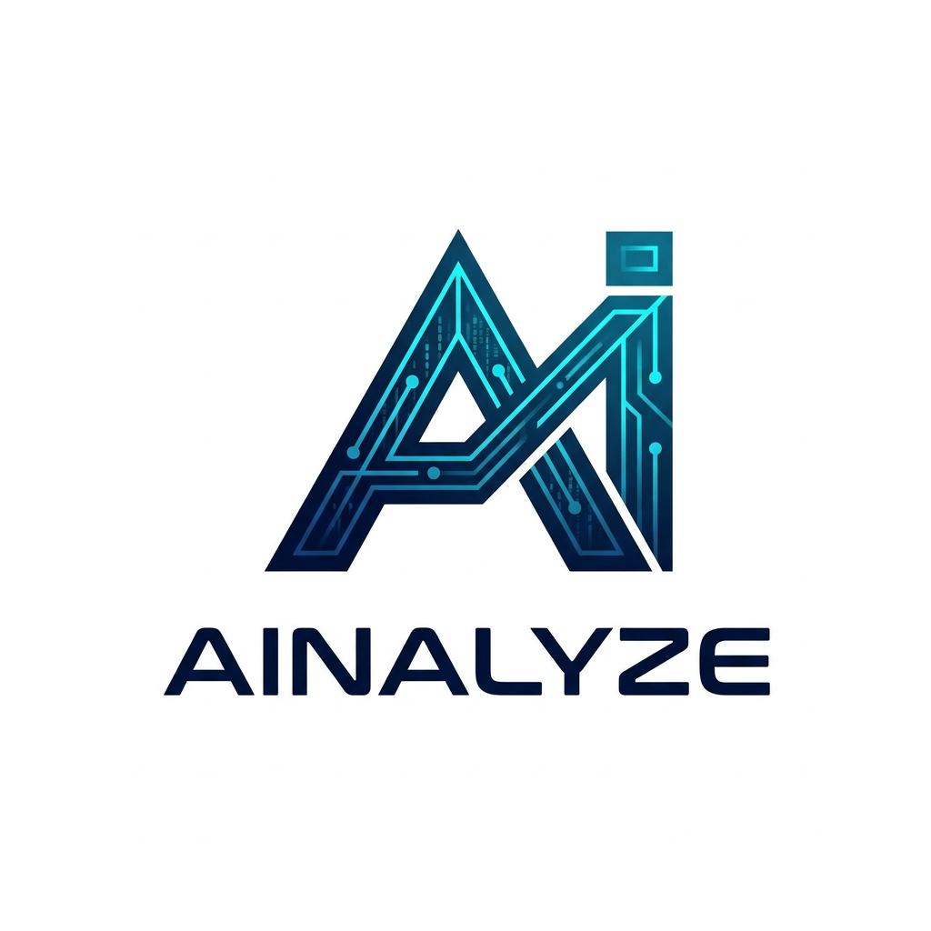 AI Design for A sophisticated and modern minimalist logo design for AINALYZE, featuring clean geometric lines and a sleek, tech-forward aesthetic. The icon integrates subtle data-pattern motifs with a professional color palette of deep navy and electric cyan, set against a crisp white background with high-contrast, sharp vector edges.