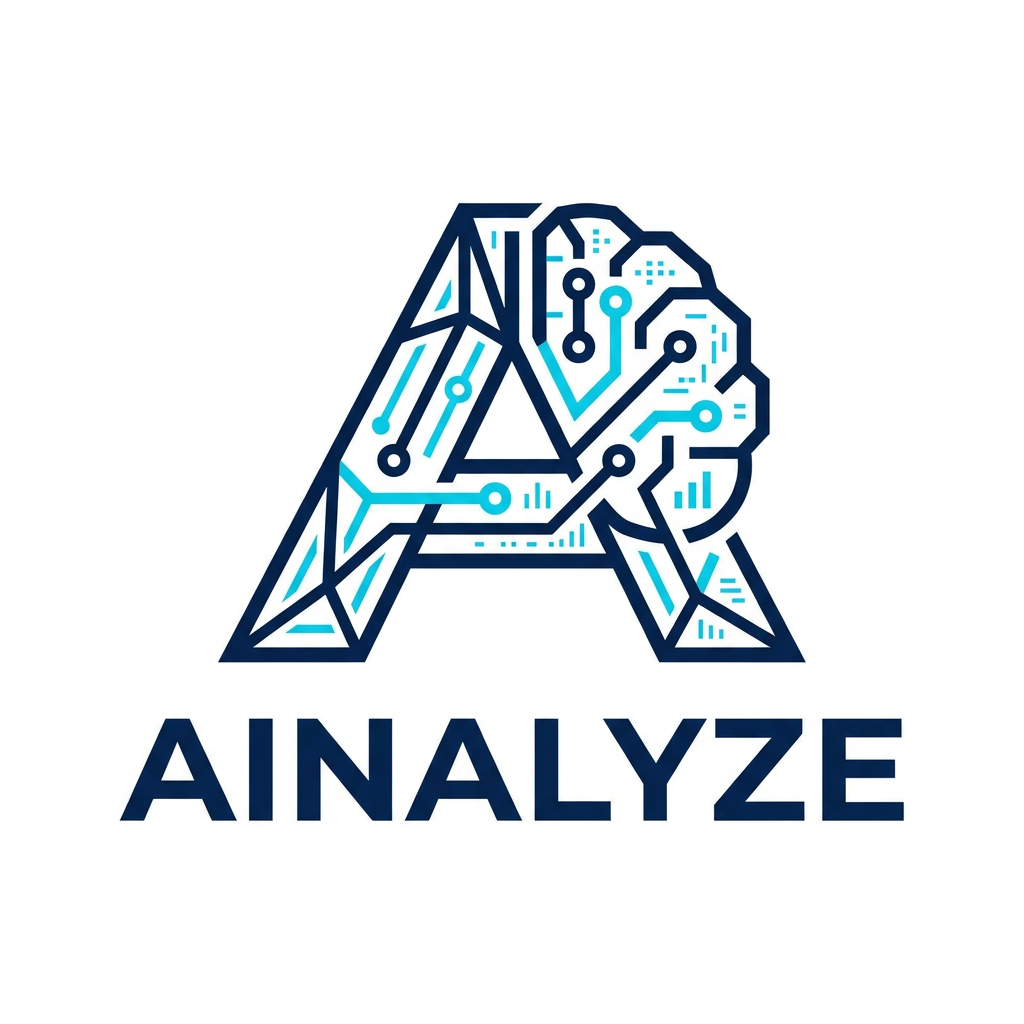 AI Design for A sophisticated and modern minimalist logo design for AINALYZE, featuring clean geometric lines and a sleek, tech-forward aesthetic. The icon integrates subtle data-pattern motifs with a professional color palette of deep navy and electric cyan, set against a crisp white background with high-contrast, sharp vector edges.