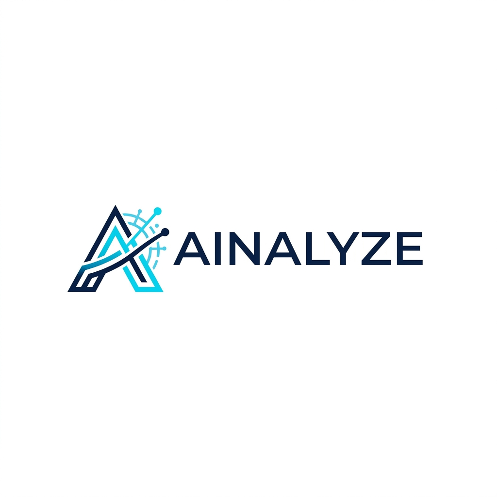 AI Design for A sophisticated and modern minimalist logo design for AINALYZE, featuring clean geometric lines and a sleek, tech-forward aesthetic. The icon integrates subtle data-pattern motifs with a professional color palette of deep navy and electric cyan, set against a crisp white background with high-contrast, sharp vector edges.