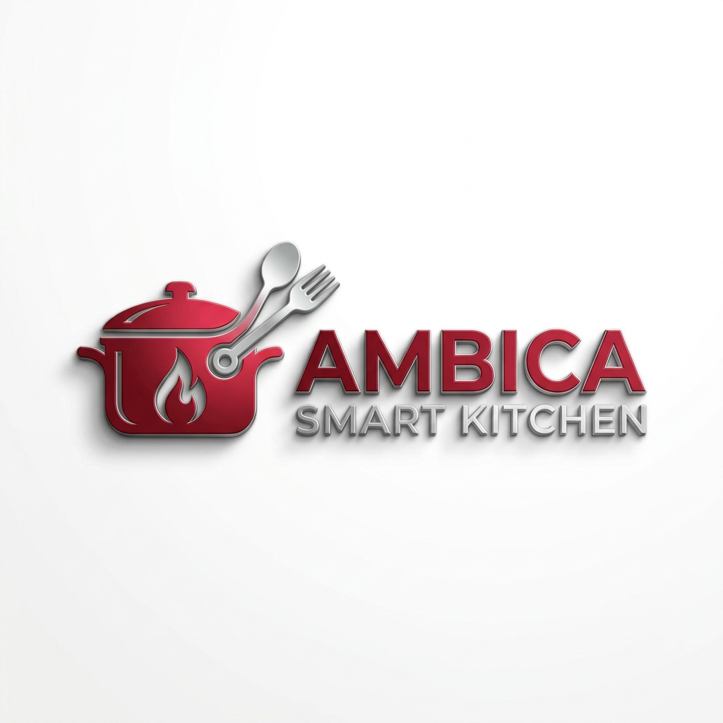 AI Design for Design a premium modern logo for AMBICA SMART KITCHEN using red as the primary brand color. Create a professional and memorable logo that represents innovation smart kitchen solutions quality and trust. Incorporate a sleek kitchen-inspired icon such as a cooking pot chef hat flame spoon fork or smart appliance integrated creatively with the brand name. Use bold elegant typography with a luxury yet approachable feel. The logo should look clean minimal and suitable for shop signage packaging social media business cards and advertisements. Use shades of deep red crimson red and subtle metallic silver accents for a premium appearance. Create a high-end retail brand identity with a modern 3D effect realistic lighting sharp details and a white background. The design should convey reliability affordability innovation and modern cooking convenience. Ultra-HD vector style professional branding award-winning logo design photorealistic quality.