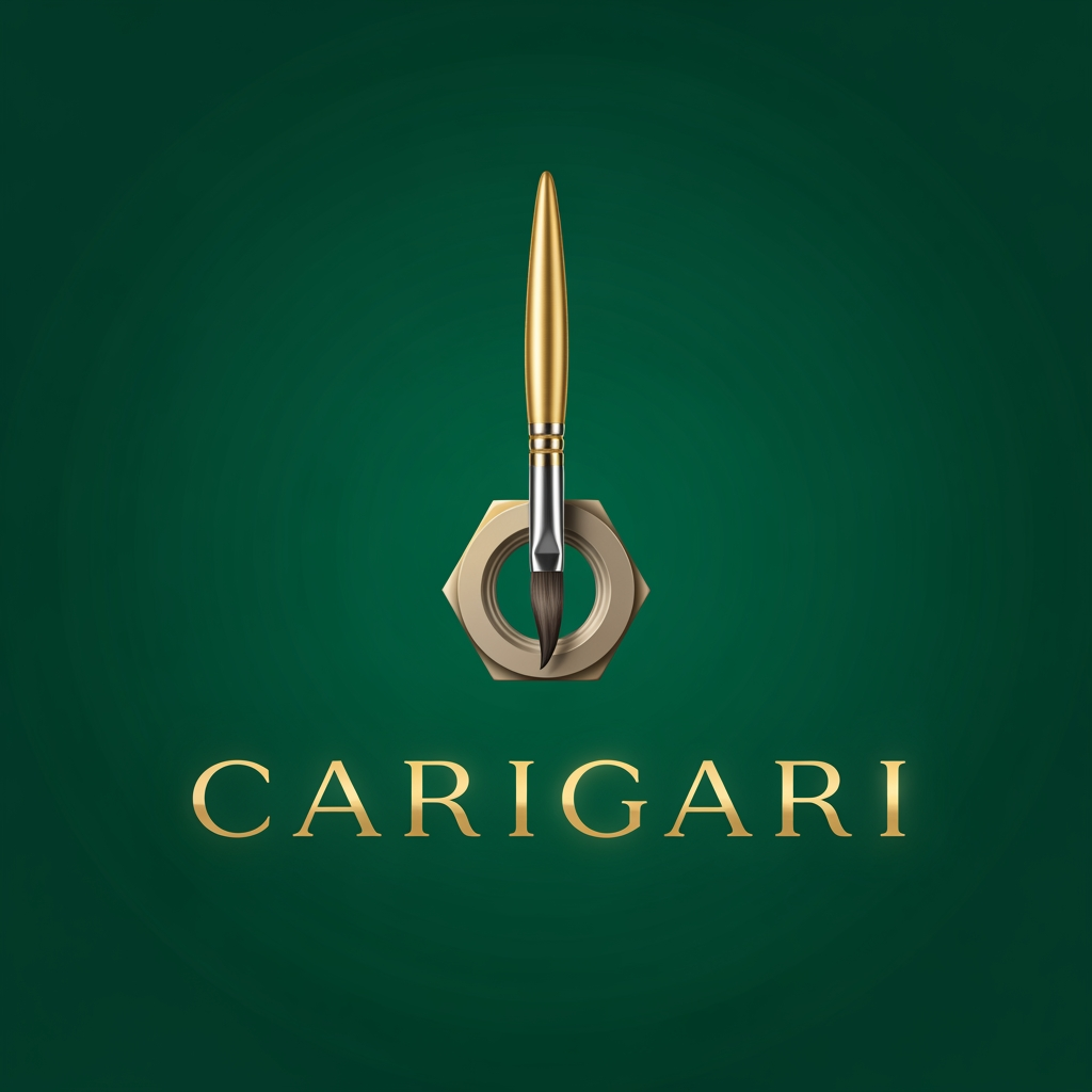 AI Design for i want to create a luxury logo for my brand 'caरीgari'. the background should be emarld green color. a vertical painting brush pasaing through a hexagonal nut bolt in beige color.