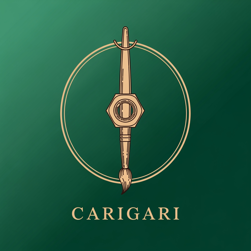 AI Design for Design a premium luxury logo for an art and craft brand named "CAरीGARI". Create it in a 2D vector sketch style inspired by iconic circular emblem logos like Starbucks, but completely original. Use an elegant emerald green background (#005C45 to #0B6B53 gradient) with warm beige-gold line art. The central icon should feature a realistic artist paintbrush hanging vertically upside down through the center of a hexagonal nut bolt. The nut should appear suspended around the brush handle, perfectly centered and symmetrical. The brush bristles must be clearly visible, refined, and beautifully detailed. Use clean line work, hand-drawn engraving aesthetics, luxury badge design, balanced proportions, subtle vintage craftsmanship feel, minimalist vector illustration, high-end branding, premium artisan identity, sophisticated negative space, sharp outlines, flat 2D design, no 3D effects, no shadows, no mockups. Add a thin circular border around the emblem similar to heritage luxury coffee-house logos. Place the brand name "CARIGARI" below in elegant serif typography. Timeless, memorable, luxury, artisan, handcrafted, premium logo design.