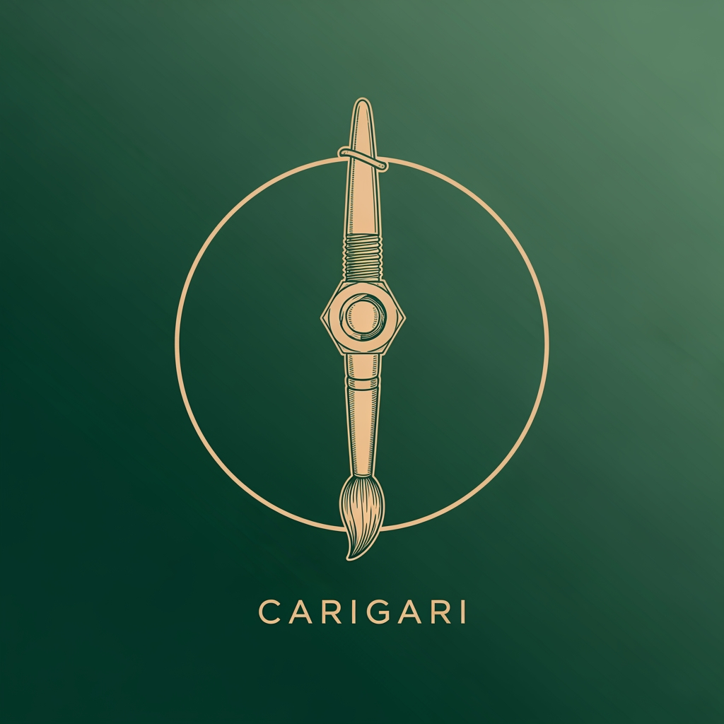 AI Design for Design a premium luxury logo for an art and craft brand named "CAरीGARI". Create it in a 2D vector sketch style inspired by iconic circular emblem logos like Starbucks, but completely original. Use an elegant emerald green background (#005C45 to #0B6B53 gradient) with warm beige-gold line art. The central icon should feature a realistic artist paintbrush hanging vertically upside down through the center of a hexagonal nut bolt. The nut should appear suspended around the brush handle, perfectly centered and symmetrical. The brush bristles must be clearly visible, refined, and beautifully detailed. Use clean line work, hand-drawn engraving aesthetics, luxury badge design, balanced proportions, subtle vintage craftsmanship feel, minimalist vector illustration, high-end branding, premium artisan identity, sophisticated negative space, sharp outlines, flat 2D design, no 3D effects, no shadows, no mockups. Add a thin circular border around the emblem similar to heritage luxury coffee-house logos. Place the brand name "CARIGARI" below in elegant serif typography. Timeless, memorable, luxury, artisan, handcrafted, premium logo design.