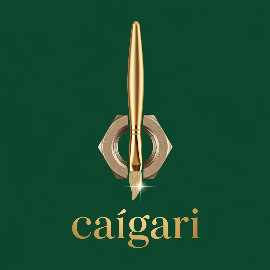 AI Design for i want to create a luxury logo for my brand 'caरीgari'. the background should be emarld green color. a vertical painting brush pasaing through a hexagonal nut bolt in beige color.