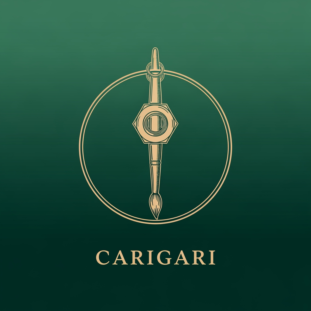 AI Design for Design a premium luxury logo for an art and craft brand named "CAरीGARI". Create it in a 2D vector sketch style inspired by iconic circular emblem logos like Starbucks, but completely original. Use an elegant emerald green background (#005C45 to #0B6B53 gradient) with warm beige-gold line art. The central icon should feature a realistic artist paintbrush hanging vertically upside down through the center of a hexagonal nut bolt. The nut should appear suspended around the brush handle, perfectly centered and symmetrical. The brush bristles must be clearly visible, refined, and beautifully detailed. Use clean line work, hand-drawn engraving aesthetics, luxury badge design, balanced proportions, subtle vintage craftsmanship feel, minimalist vector illustration, high-end branding, premium artisan identity, sophisticated negative space, sharp outlines, flat 2D design, no 3D effects, no shadows, no mockups. Add a thin circular border around the emblem similar to heritage luxury coffee-house logos. Place the brand name "CARIGARI" below in elegant serif typography. Timeless, memorable, luxury, artisan, handcrafted, premium logo design.