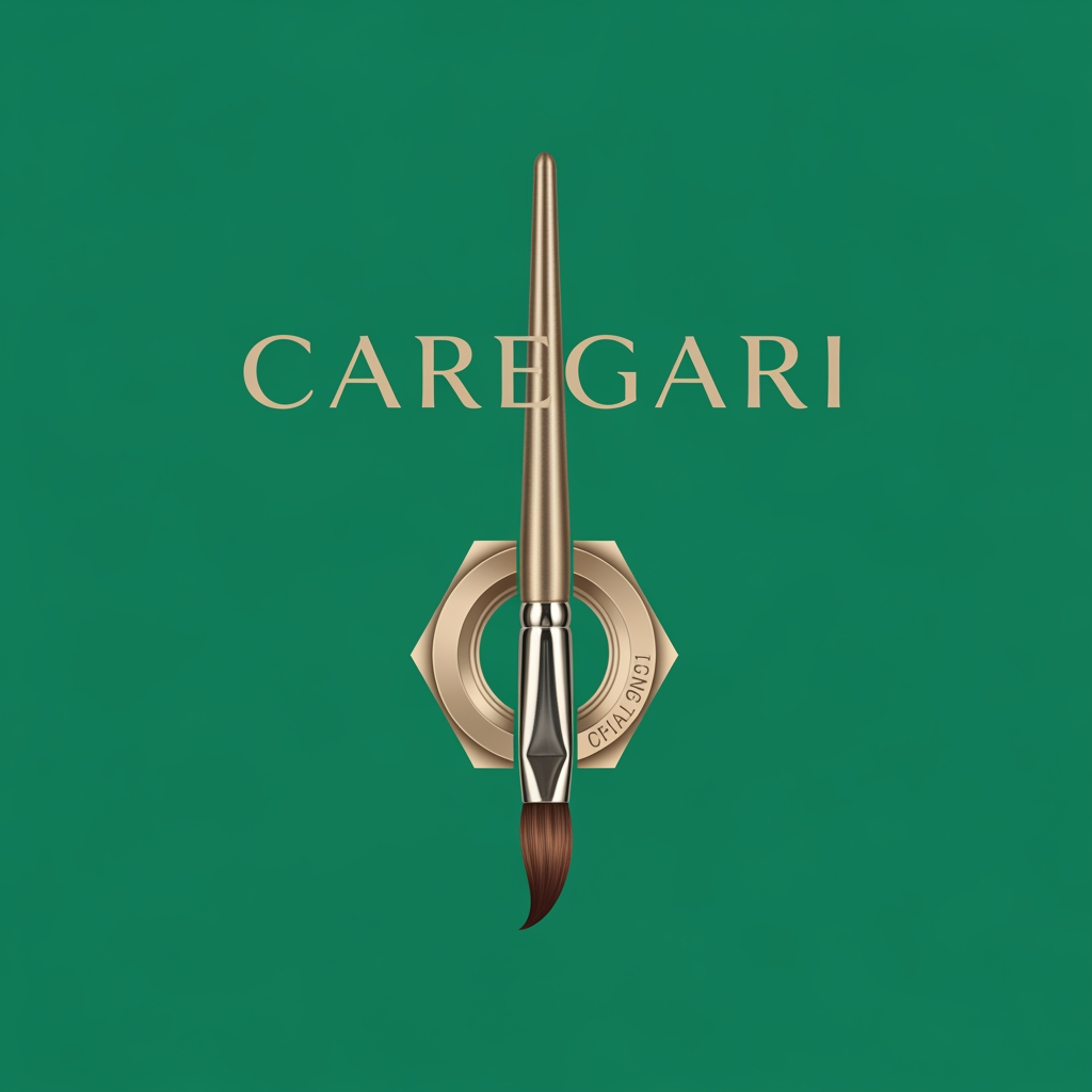 AI Design for i want to create a luxury logo for my brand 'caरीgari'. the background should be emarld green color. a vertical painting brush pasaing through a hexagonal nut bolt in beige color.