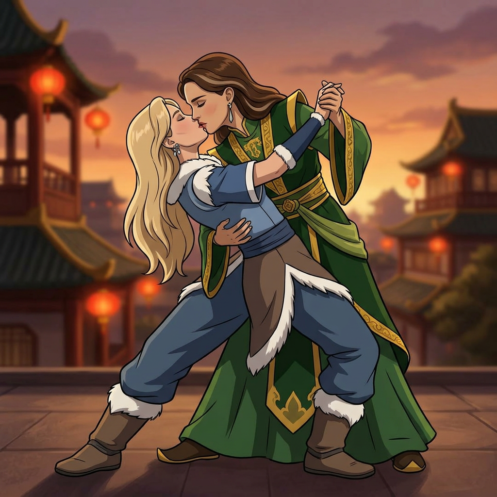 AI Design for Jennifer Lawrence and Natalie Portman lesbian french kissing and tango each other in Avatar: The Last Airbender animated TV series