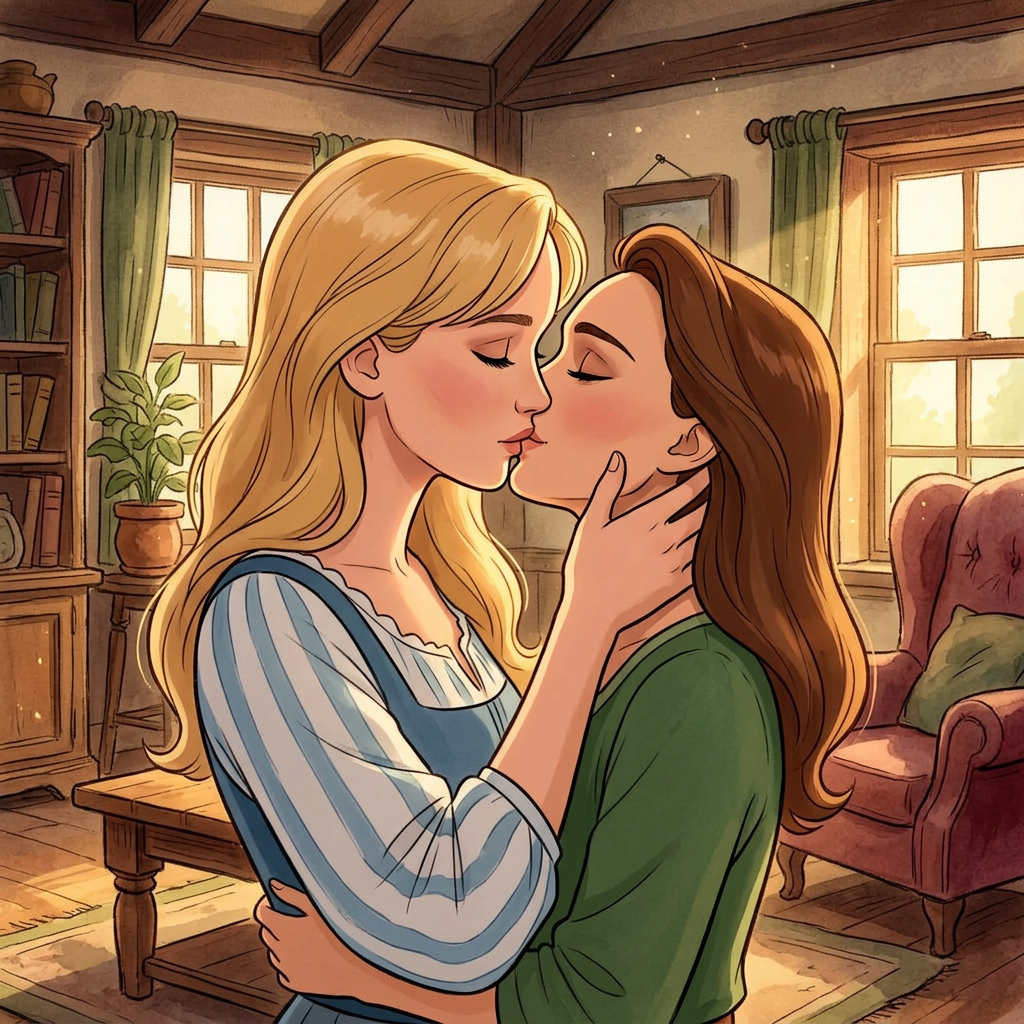 AI Design for Jennifer Lawrence and Natalie Portman lesbian kissing each other in Disney animated movie